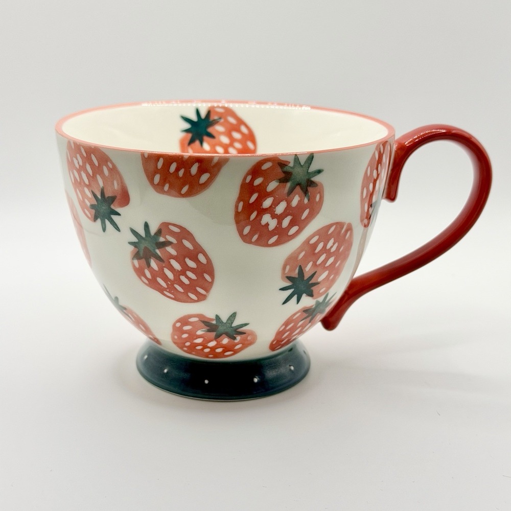 Paper Source Cute Strawberries Fruit Print Red Ivory Footed Cup Mug EUC